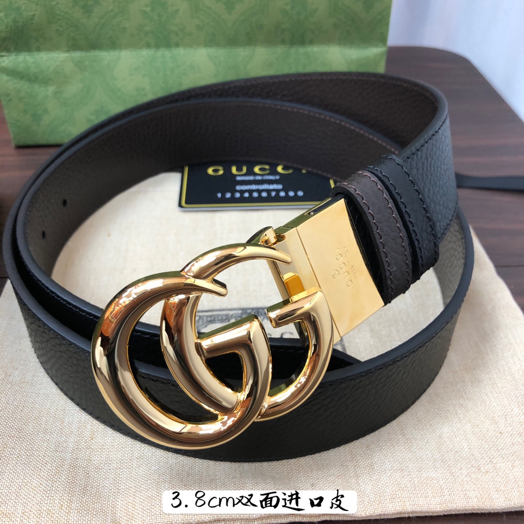 Gucci古奇官网经典正品规格3.8cm原版品质进口头层双面荔枝纹牛皮双G抛光旋转亮面扣