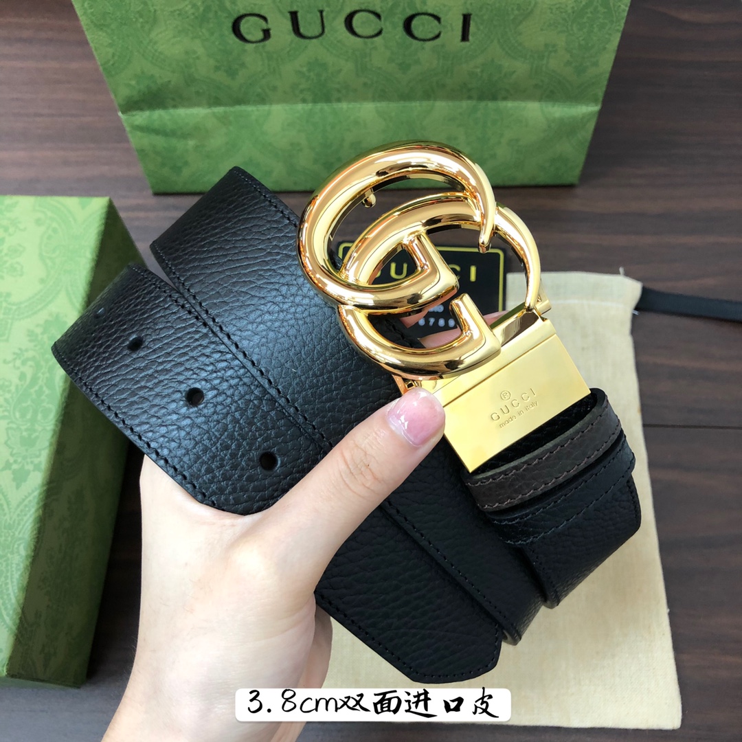 Gucci古奇官网经典正品规格3.8cm原版品质进口头层双面荔枝纹牛皮双G抛光旋转亮面扣