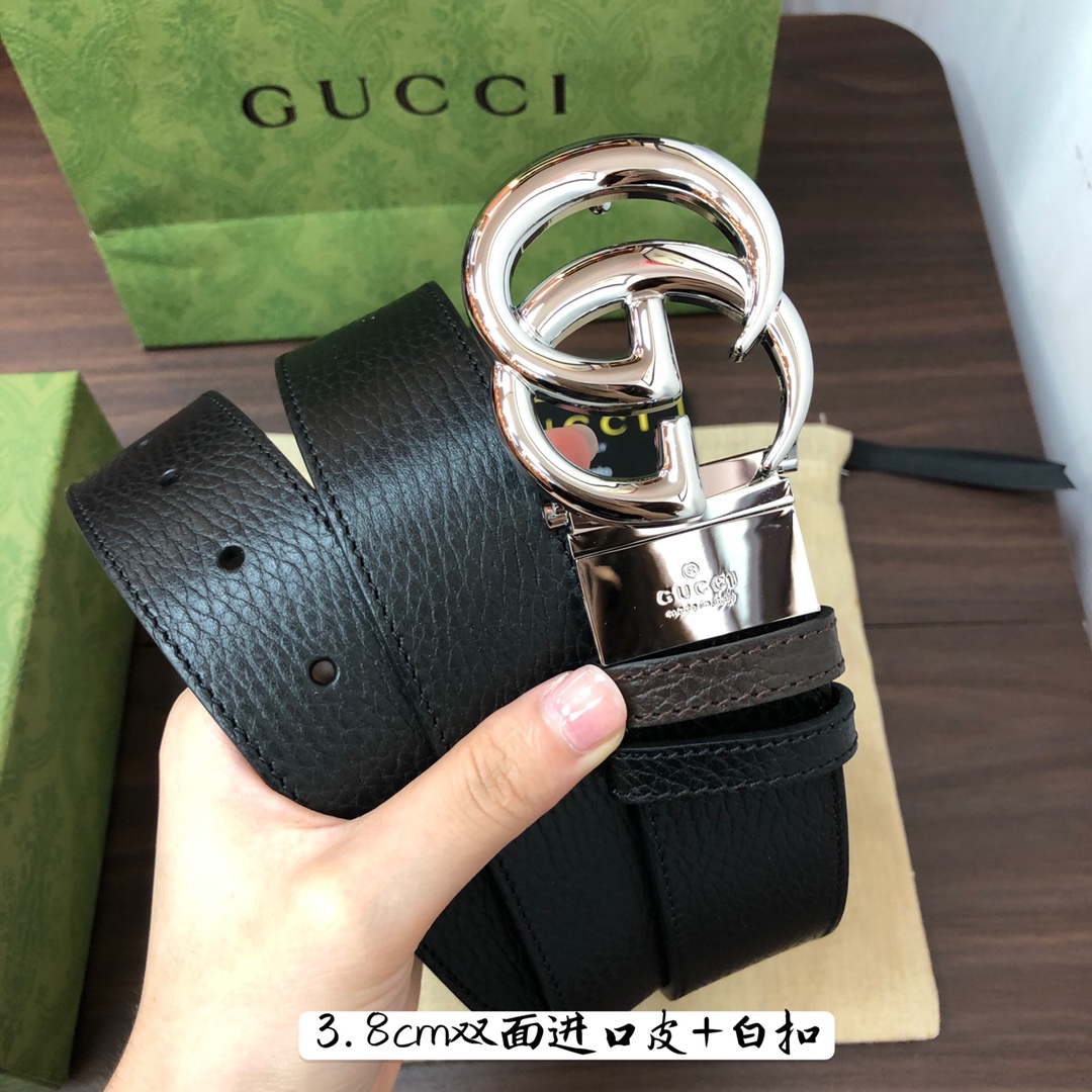 Gucci古奇官网经典正品规格3.8cm原版品质进口头层双面荔枝纹牛皮双G抛光旋转亮面扣