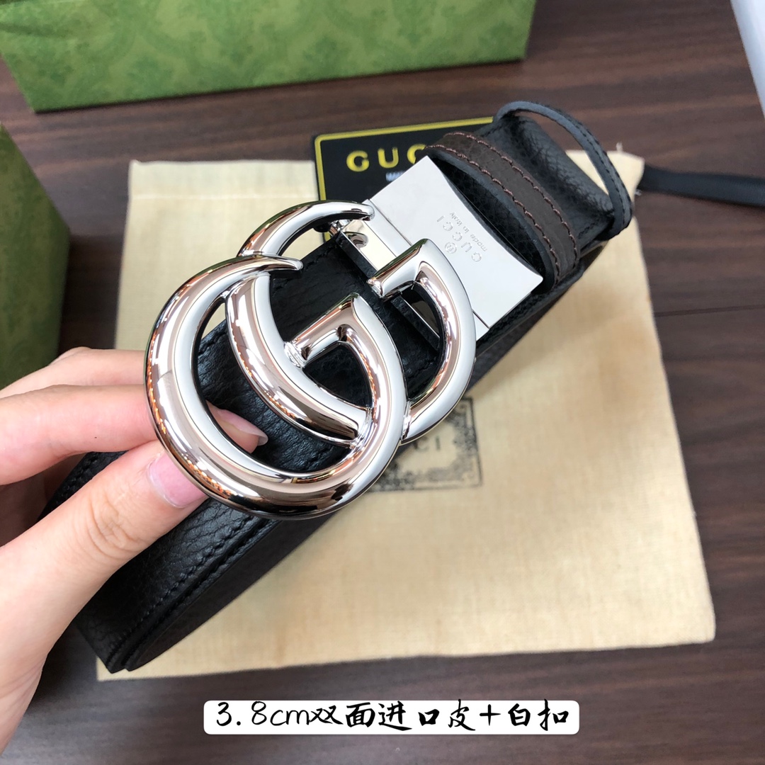 Gucci古奇官网经典正品规格3.8cm原版品质进口头层双面荔枝纹牛皮双G抛光旋转亮面扣