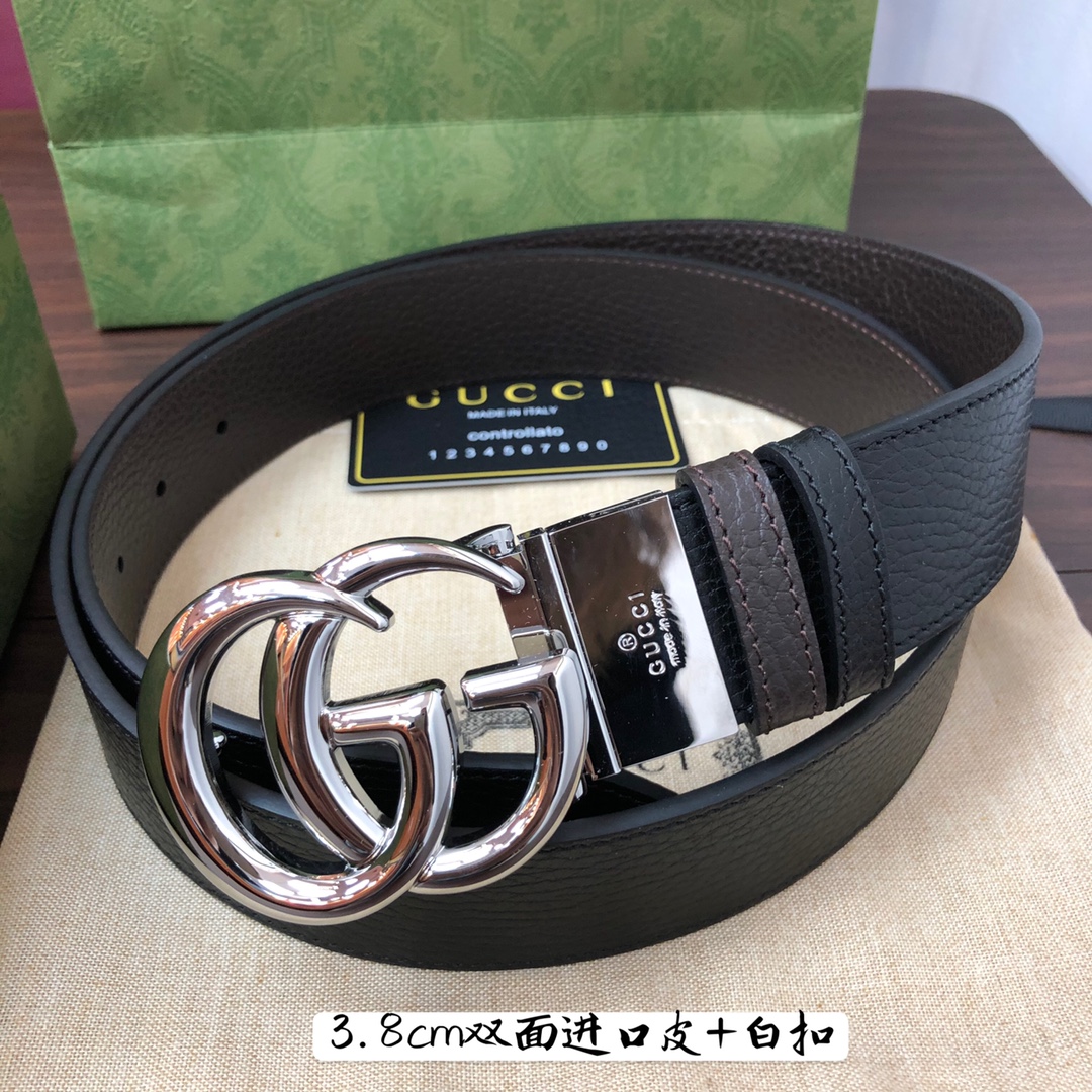 Gucci古奇官网经典正品规格3.8cm原版品质进口头层双面荔枝纹牛皮双G抛光旋转亮面扣