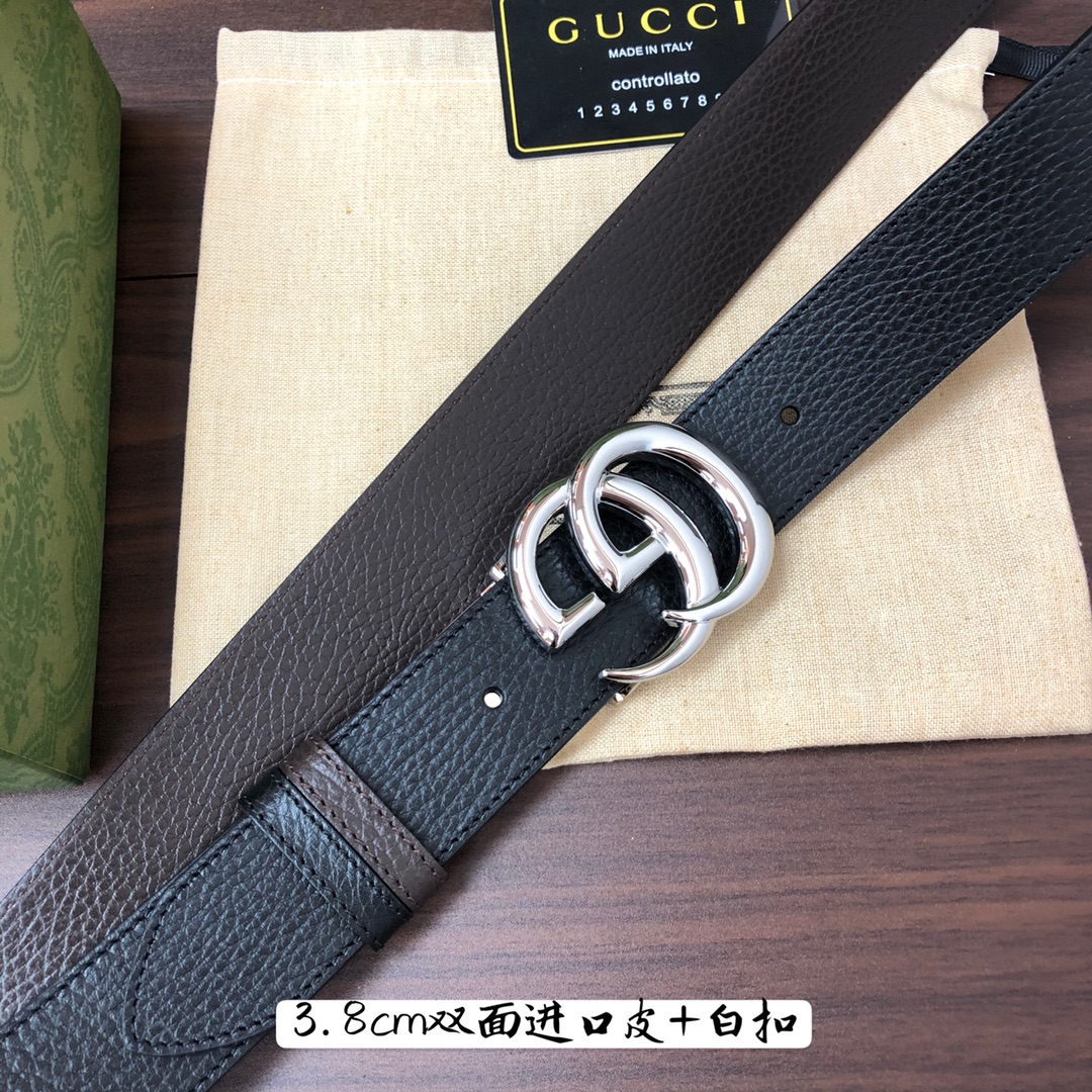 Gucci古奇官网经典正品规格3.8cm原版品质进口头层双面荔枝纹牛皮双G抛光旋转亮面扣