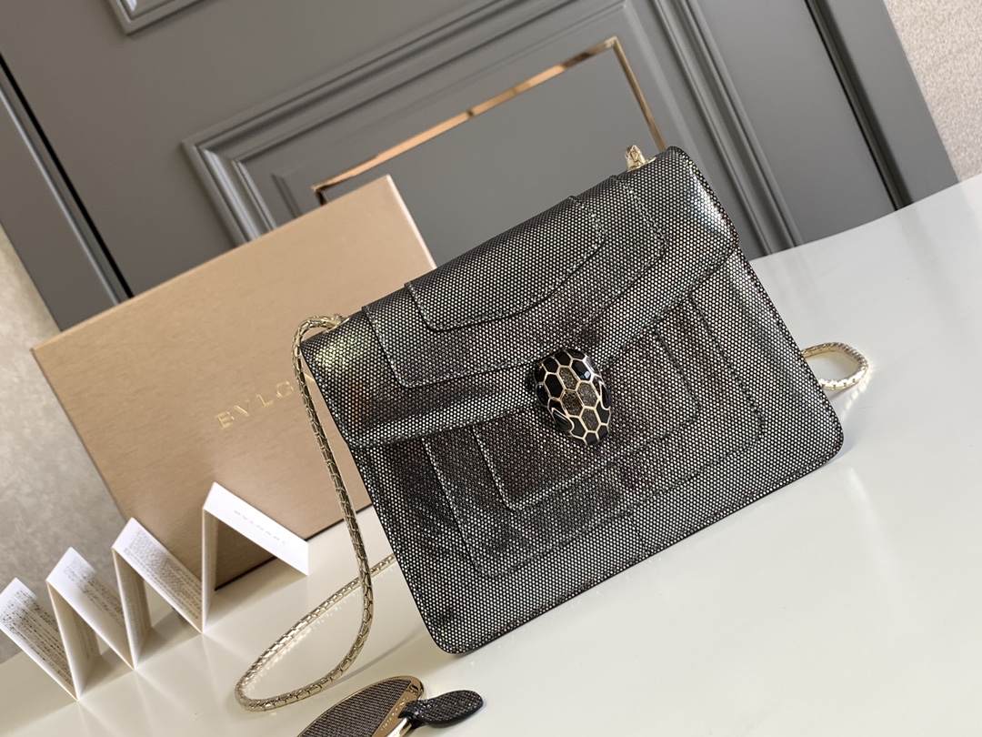 BVLGARI宝格丽"Sprpenti Forever "钻石炭灰金属质感水蛇皮肩背包61879