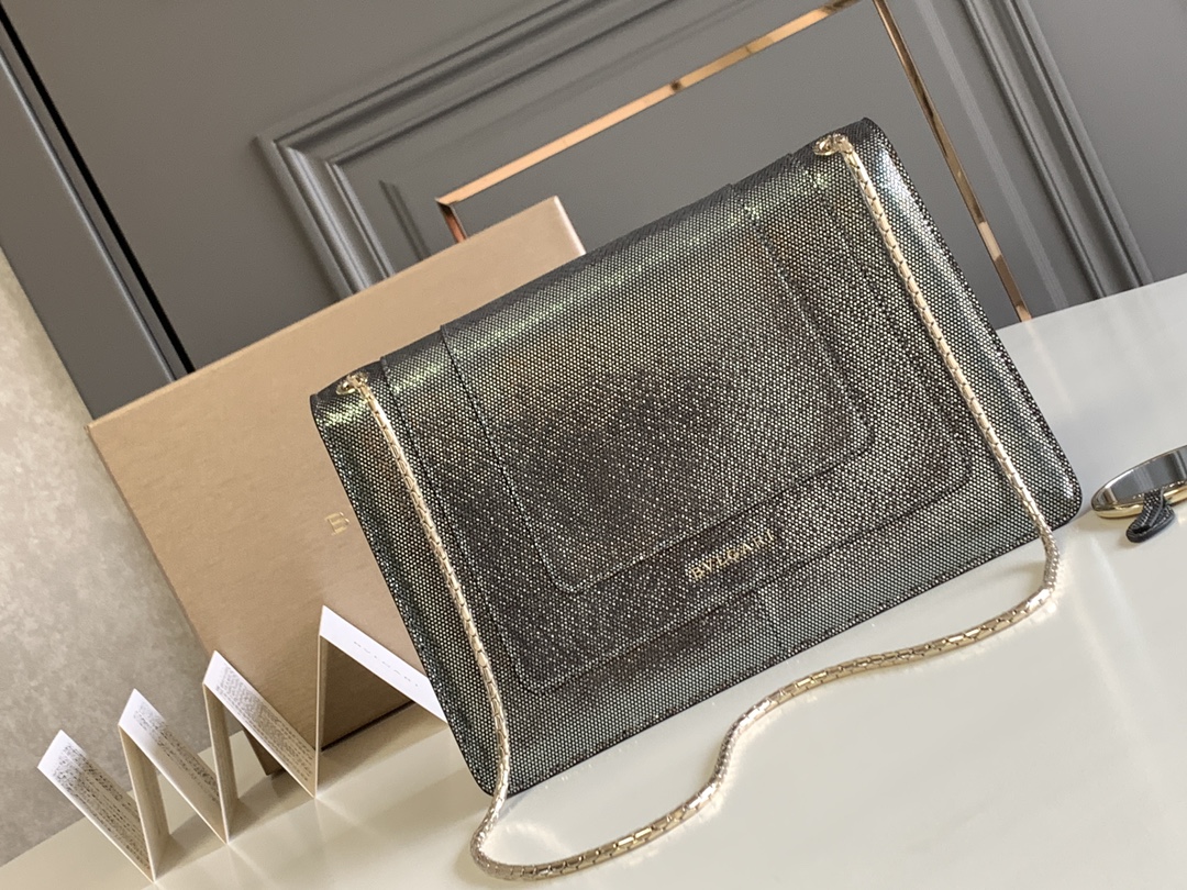 BVLGARI宝格丽"Sprpenti Forever "钻石炭灰金属质感水蛇皮肩背包38326