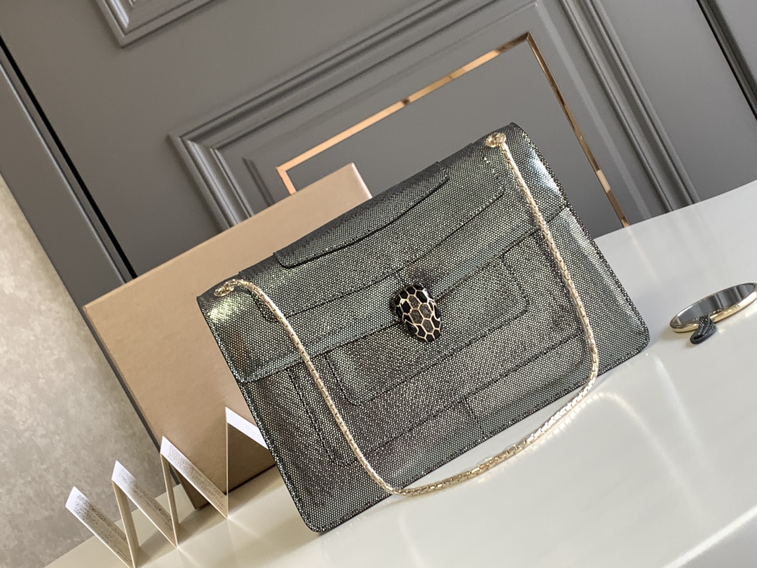 BVLGARI宝格丽"Sprpenti Forever "钻石炭灰金属质感水蛇皮肩背包38326