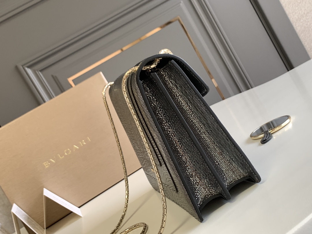 BVLGARI宝格丽"Sprpenti Forever "钻石炭灰金属质感水蛇皮肩背包38326