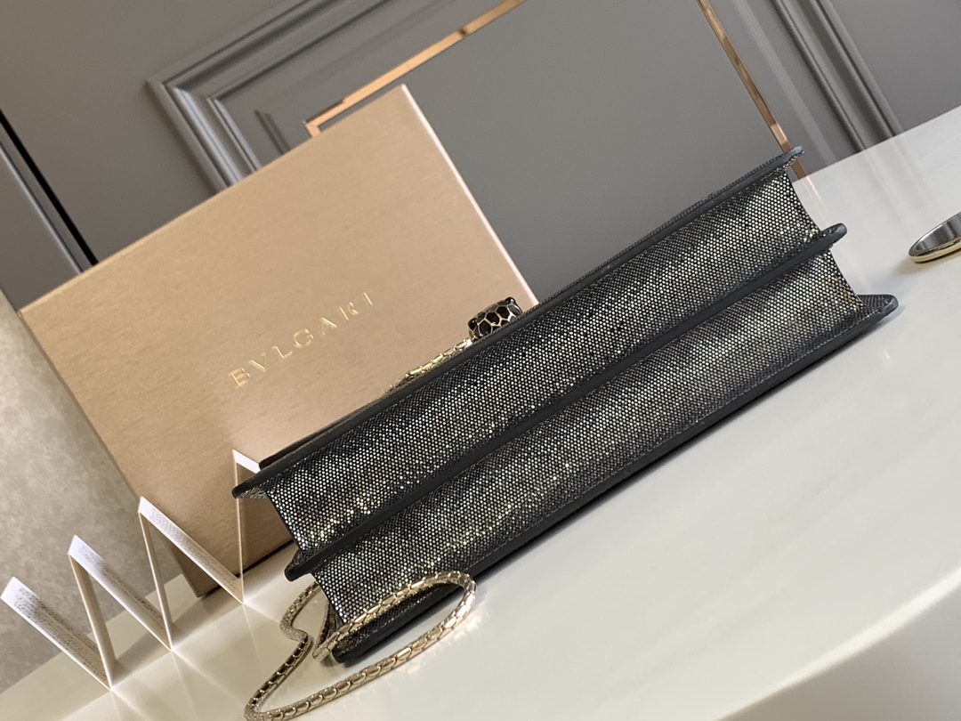BVLGARI宝格丽"Sprpenti Forever "钻石炭灰金属质感水蛇皮肩背包38326