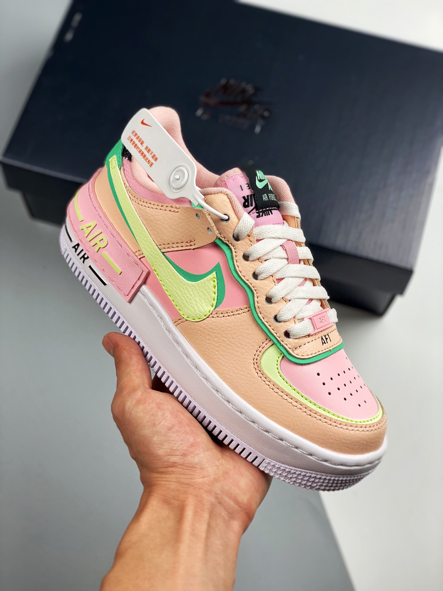 Air Force 1 Shadow rosa/verde, zapatilla casual de caña baja con aumento de altura ligero, "macaron de parche", nuevo d…