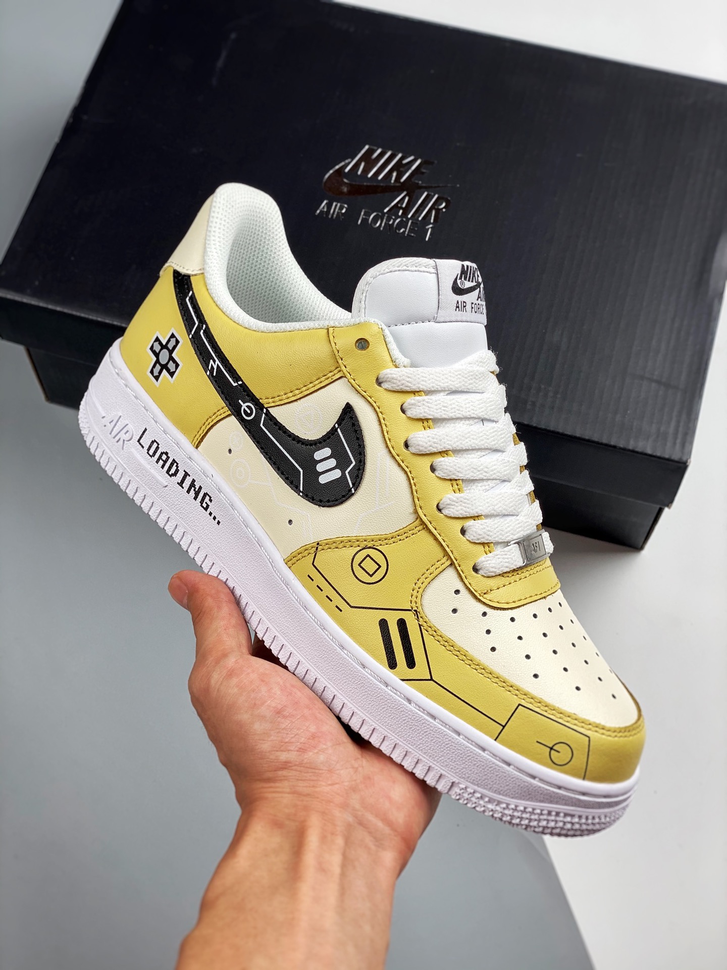 NK Air Force 1 amarillo/blanco/amarillo estilo videojuego, nivel original, horma original, cartón original, estilo auté…