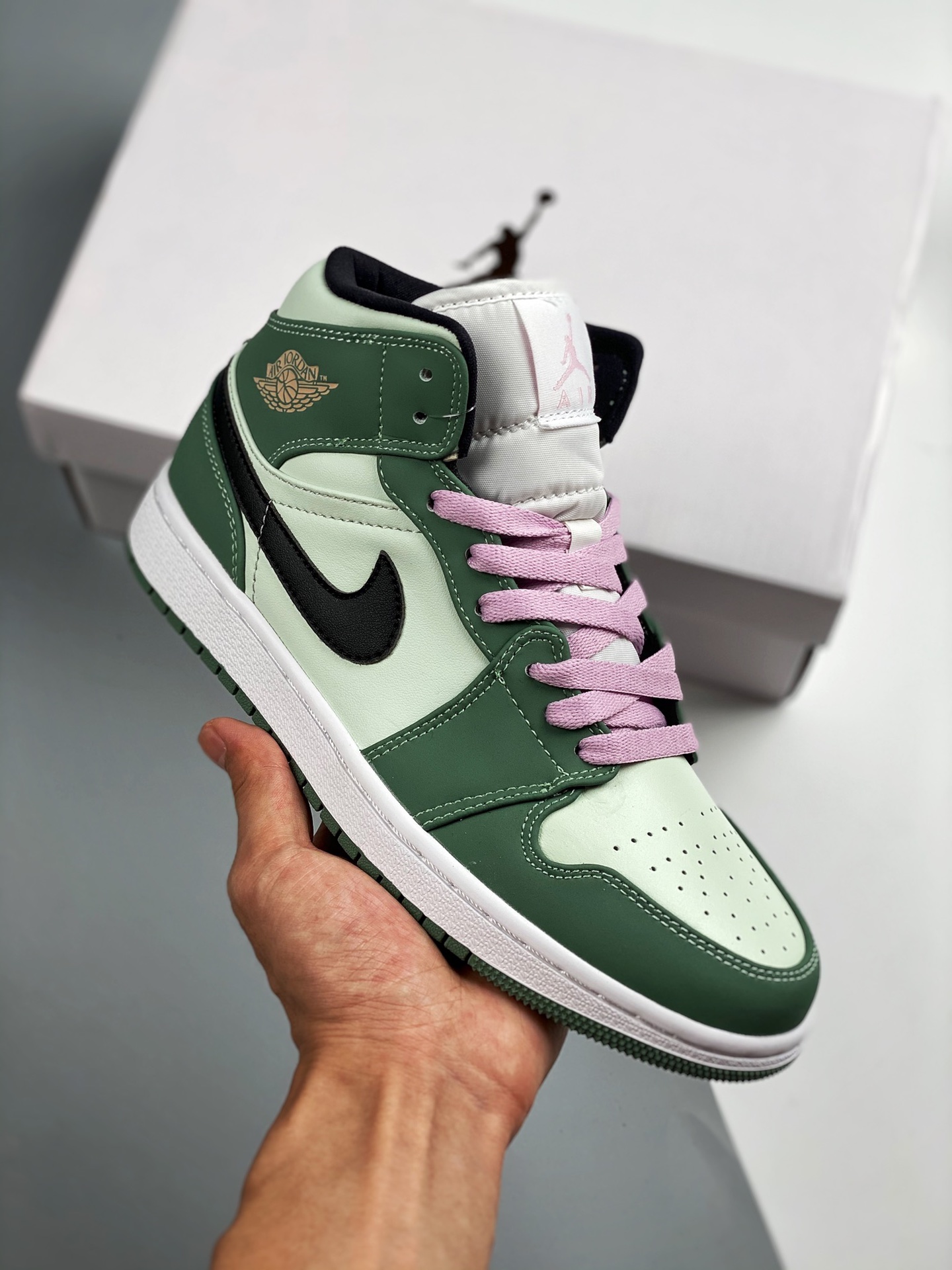 Air Jordan 1 Mid Blanco Rosa Verde Serie Media Nuevo Lote Suela Original Molde Original Piel Personalizada de Fábrica p…