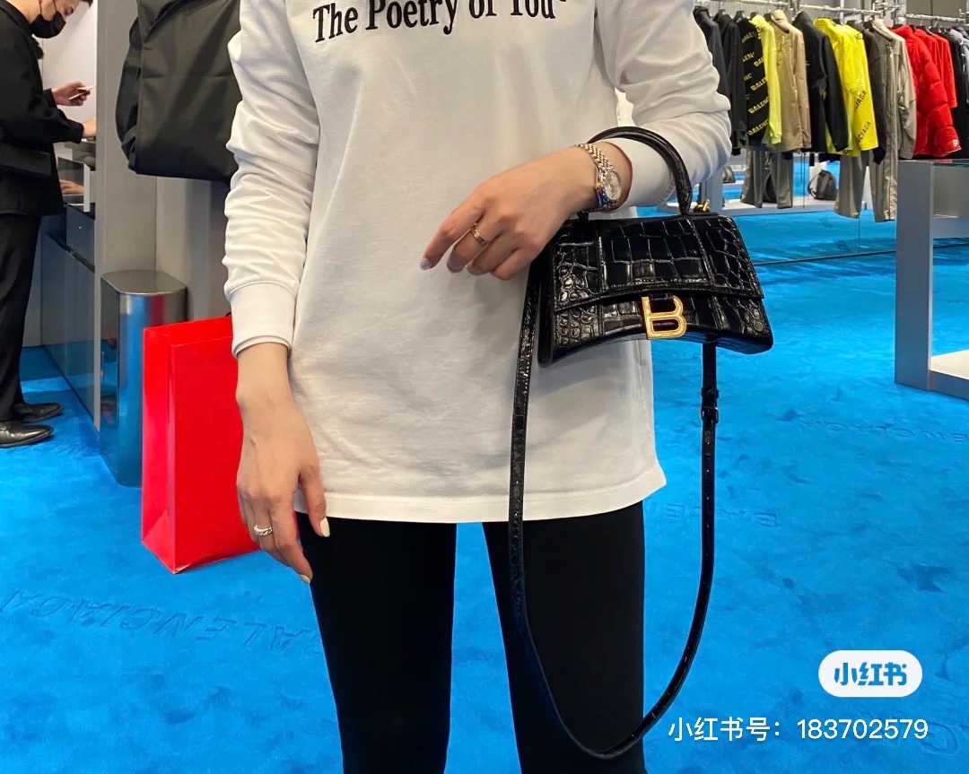 Balenciaga Hourglass XS 19CM BAG 鳄鱼纹沙漏包 592833黑色/金扣