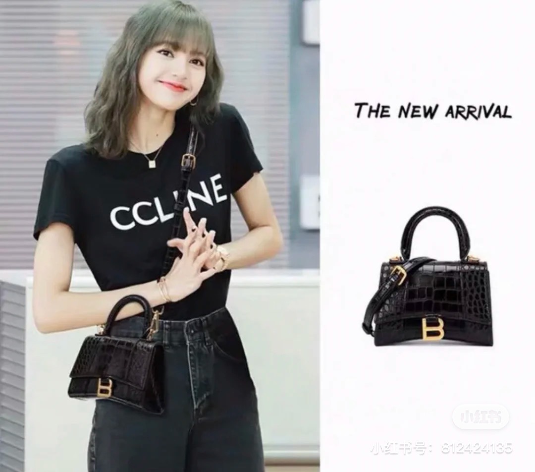 Balenciaga Hourglass XS 19CM BAG 鳄鱼纹沙漏包 592833黑色/金扣