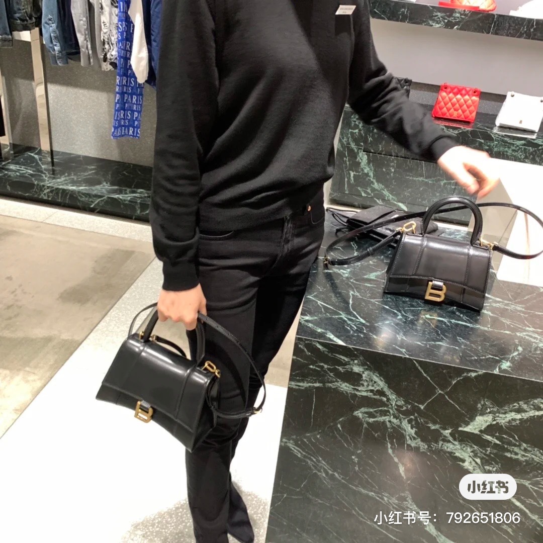 Balenciaga Hourglass XS 19CM BAG 鳄鱼纹沙漏包 592833黑色/黑扣