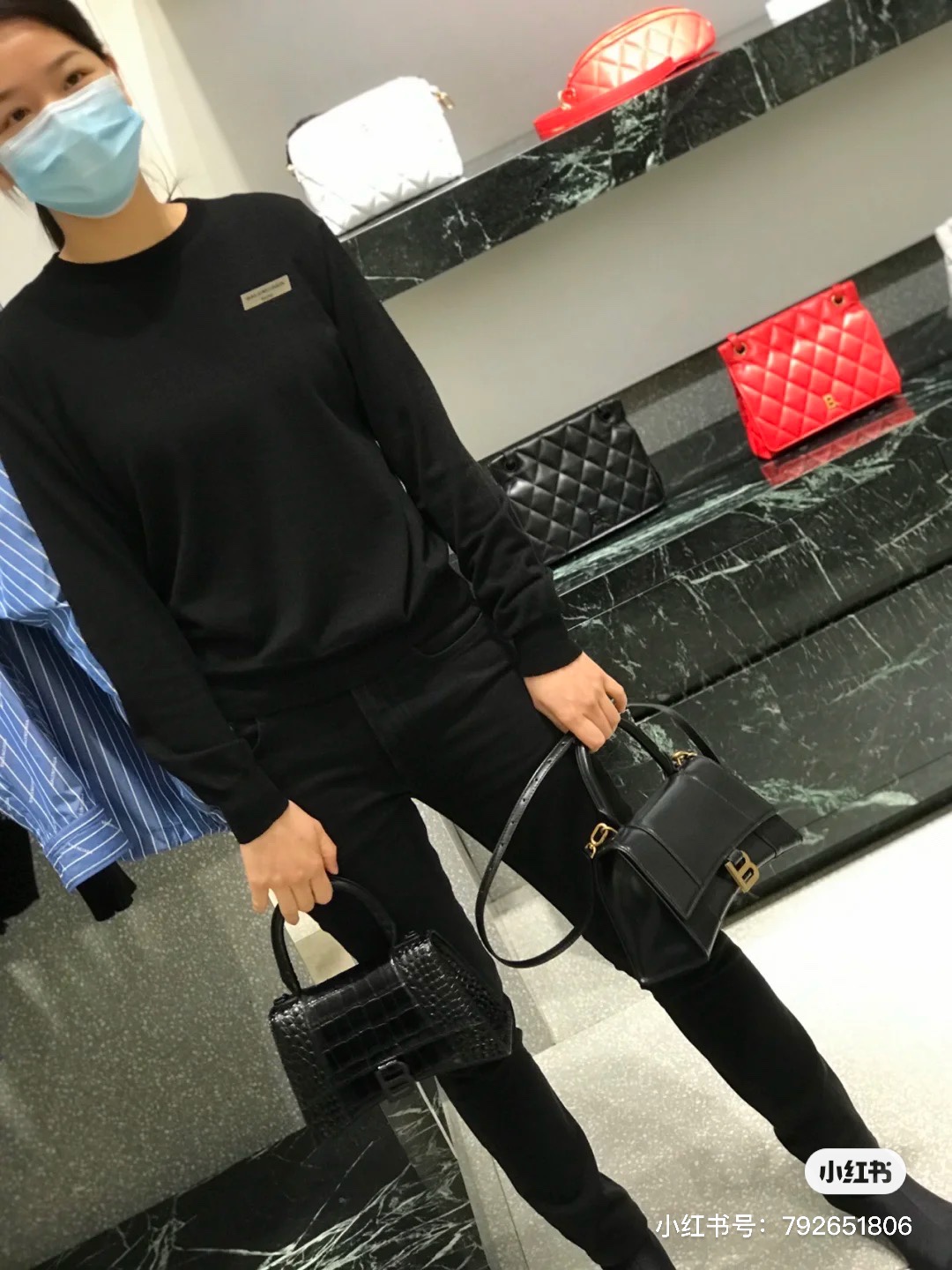 Balenciaga Hourglass XS 19CM BAG 鳄鱼纹沙漏包 592833黑色/黑扣