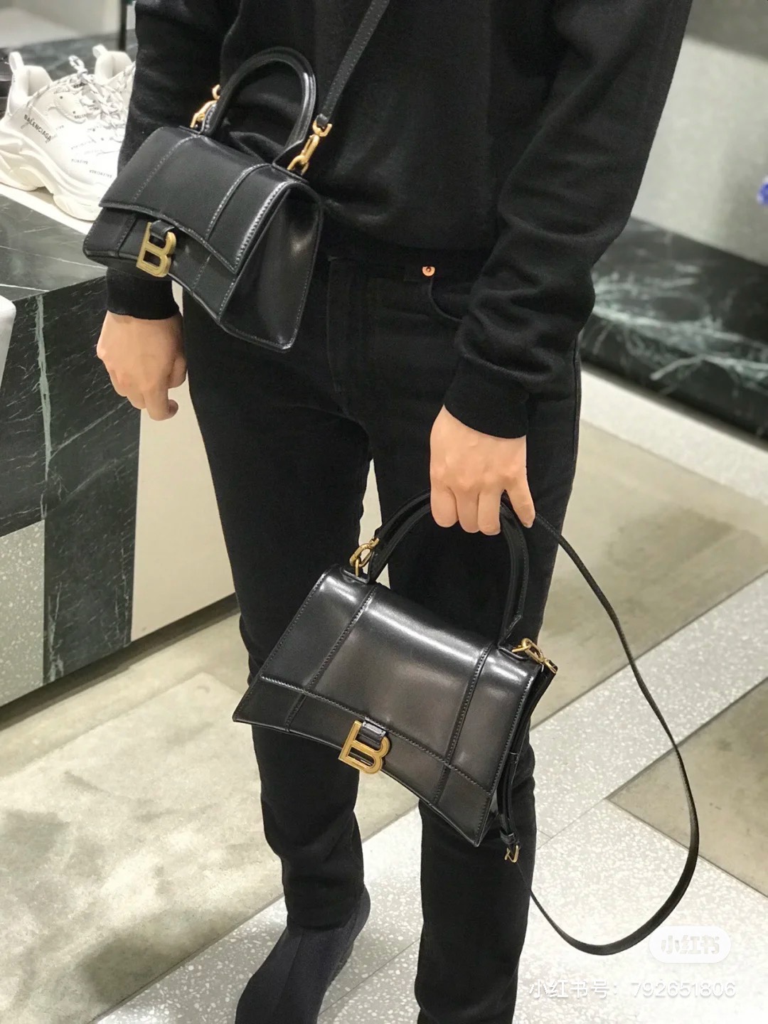 Balenciaga Hourglass XS 19CM BAG 鳄鱼纹沙漏包 592833黑色/黑扣