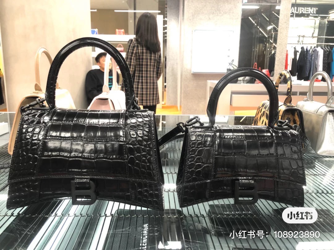 Balenciaga Hourglass XS 19CM BAG 鳄鱼纹沙漏包 592833黑色/黑扣