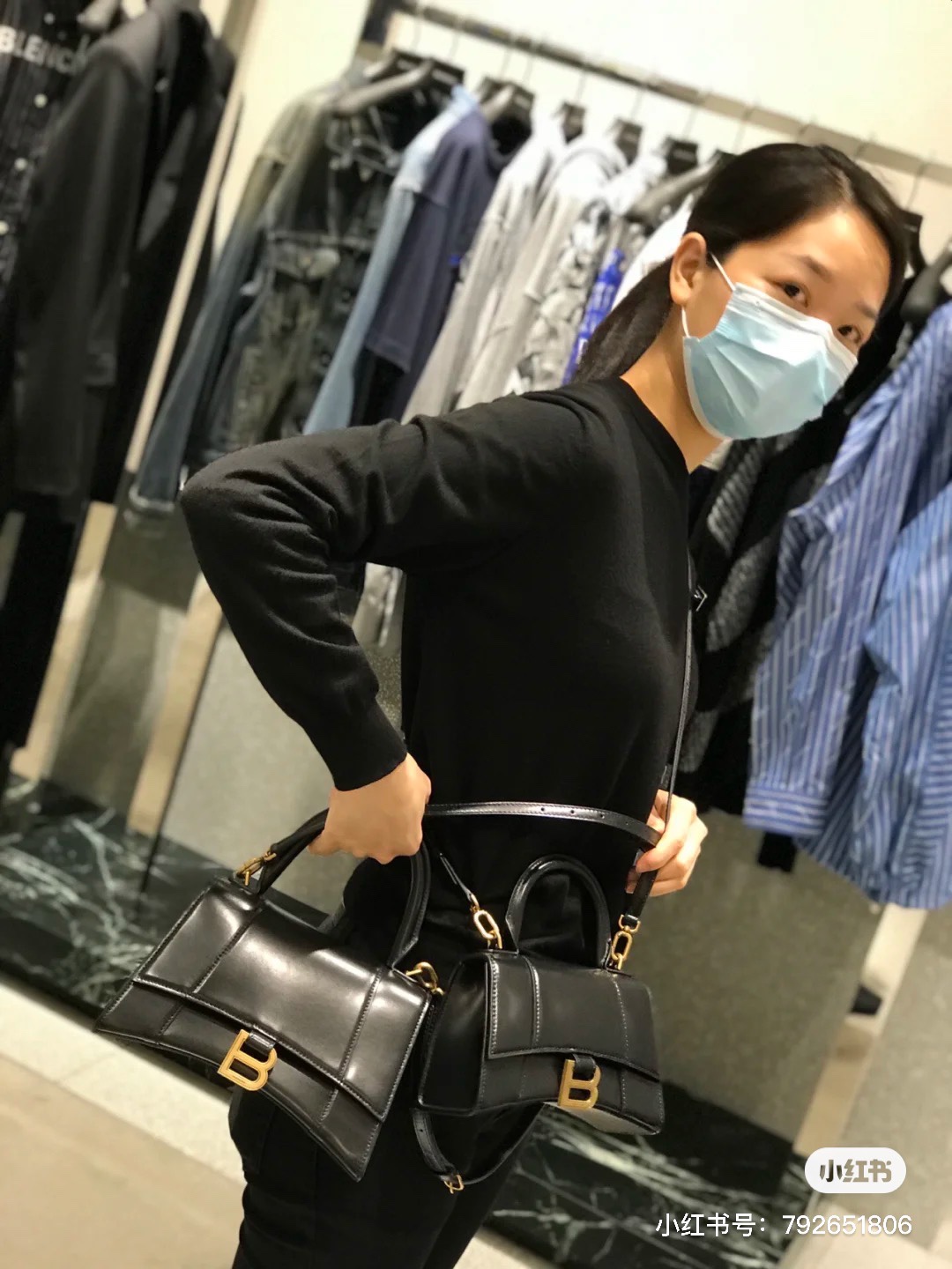 Balenciaga Hourglass XS 19CM BAG 鳄鱼纹沙漏包 592833黑色/黑扣