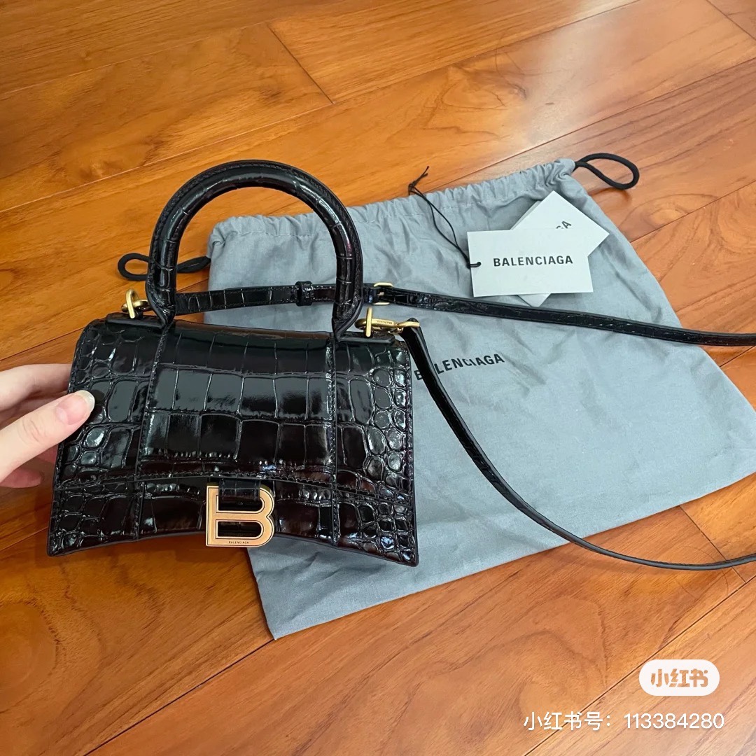 Balenciaga Hourglass XS 19CM BAG 鳄鱼纹沙漏包 592833黑色/金扣
