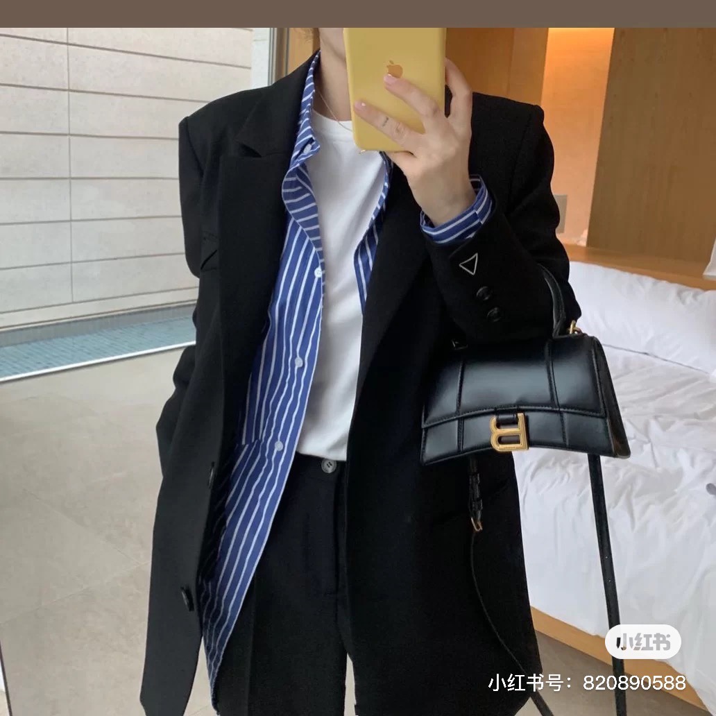 Balenciaga Hourglass XS 19CM BAG 平纹沙漏包 592833黑色/金扣