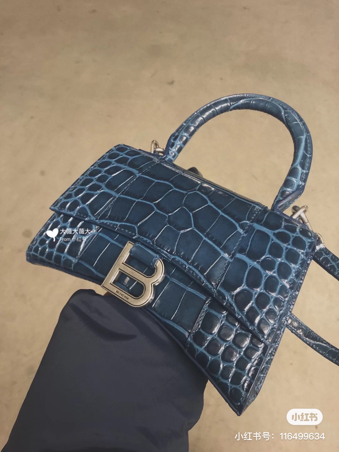 Balenciaga Hourglass XS 19CM BAG 鳄鱼纹沙漏包 592833灰蓝/银扣
