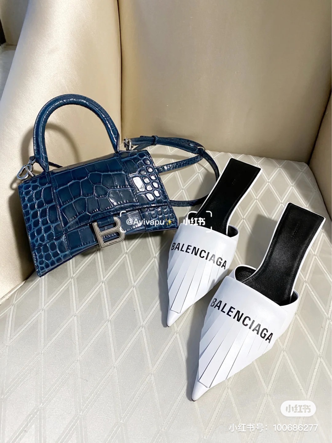 Balenciaga Hourglass XS 19CM BAG 鳄鱼纹沙漏包 592833灰蓝/银扣