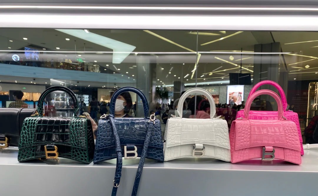 Balenciaga Hourglass XS 19CM BAG 鳄鱼纹沙漏包 592833灰蓝/银扣