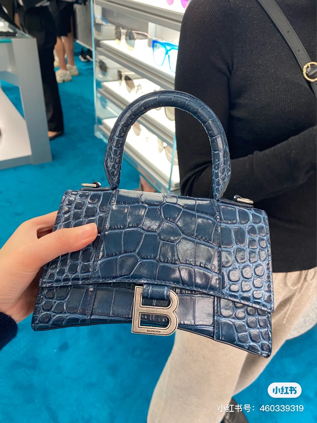 Balenciaga Hourglass XS 19CM BAG 鳄鱼纹沙漏包 592833灰蓝/银扣