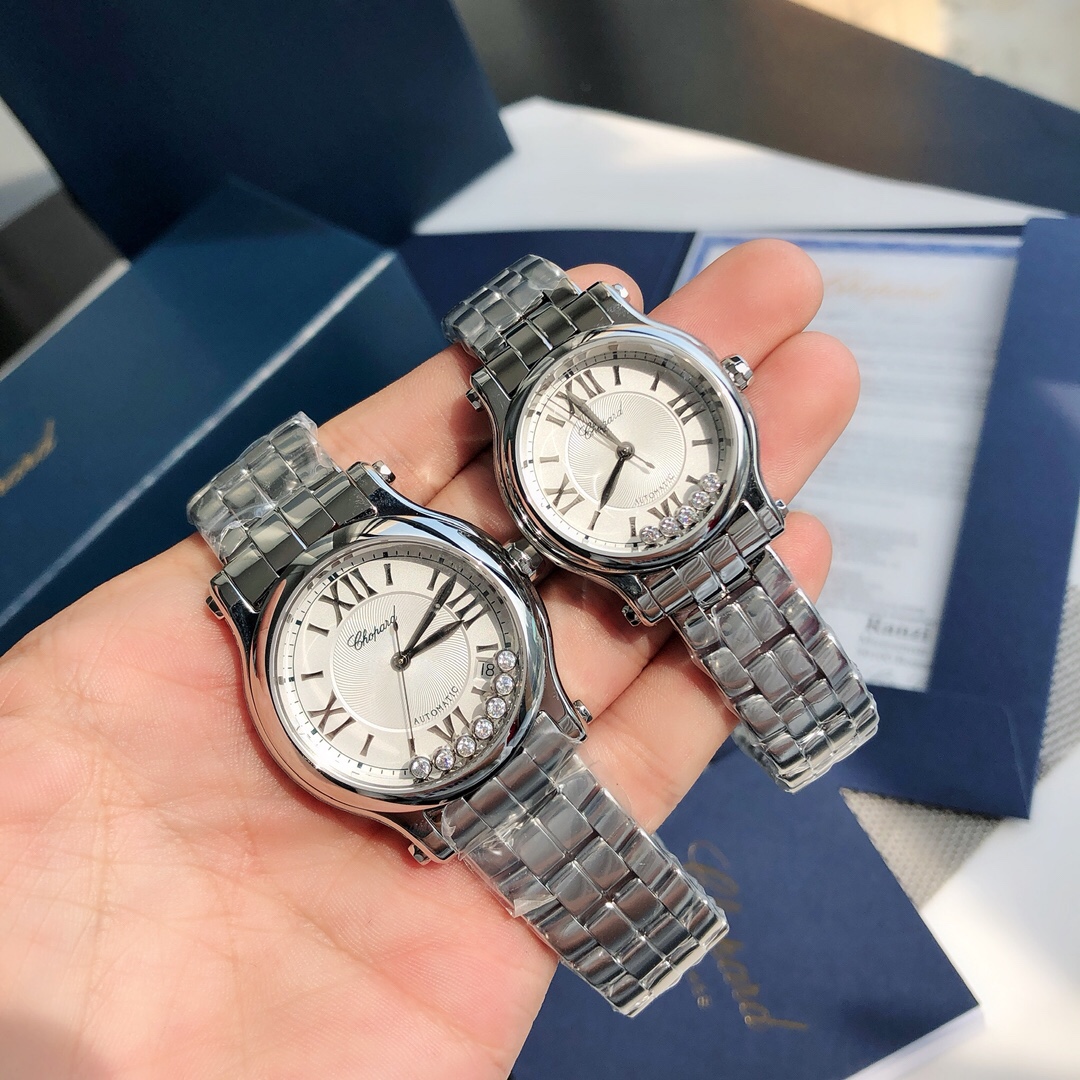 Chopard correa de acero maquinaria happy diamond serie 7 diamantes gran tamaño 36mm. 5 diamantes tamaño pequeño 30mm.