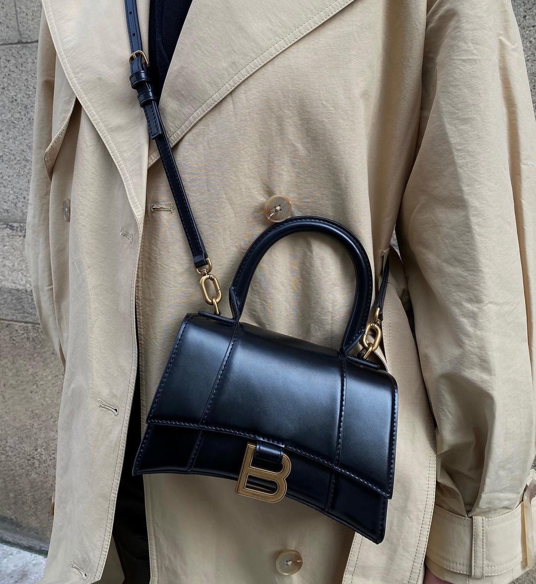 Balenciaga Hourglass XS 19CM BAG 平纹沙漏包 592833黑色/金扣