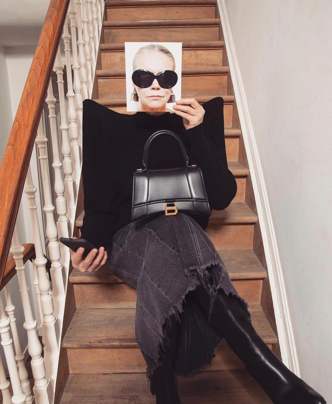 Balenciaga Hourglass S 23CM 平纹纹沙漏包 593546黑色/金扣