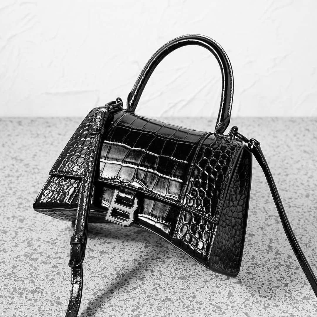 Balenciaga Hourglass XS 19CM BAG 鳄鱼纹沙漏包 592833黑色/黑扣