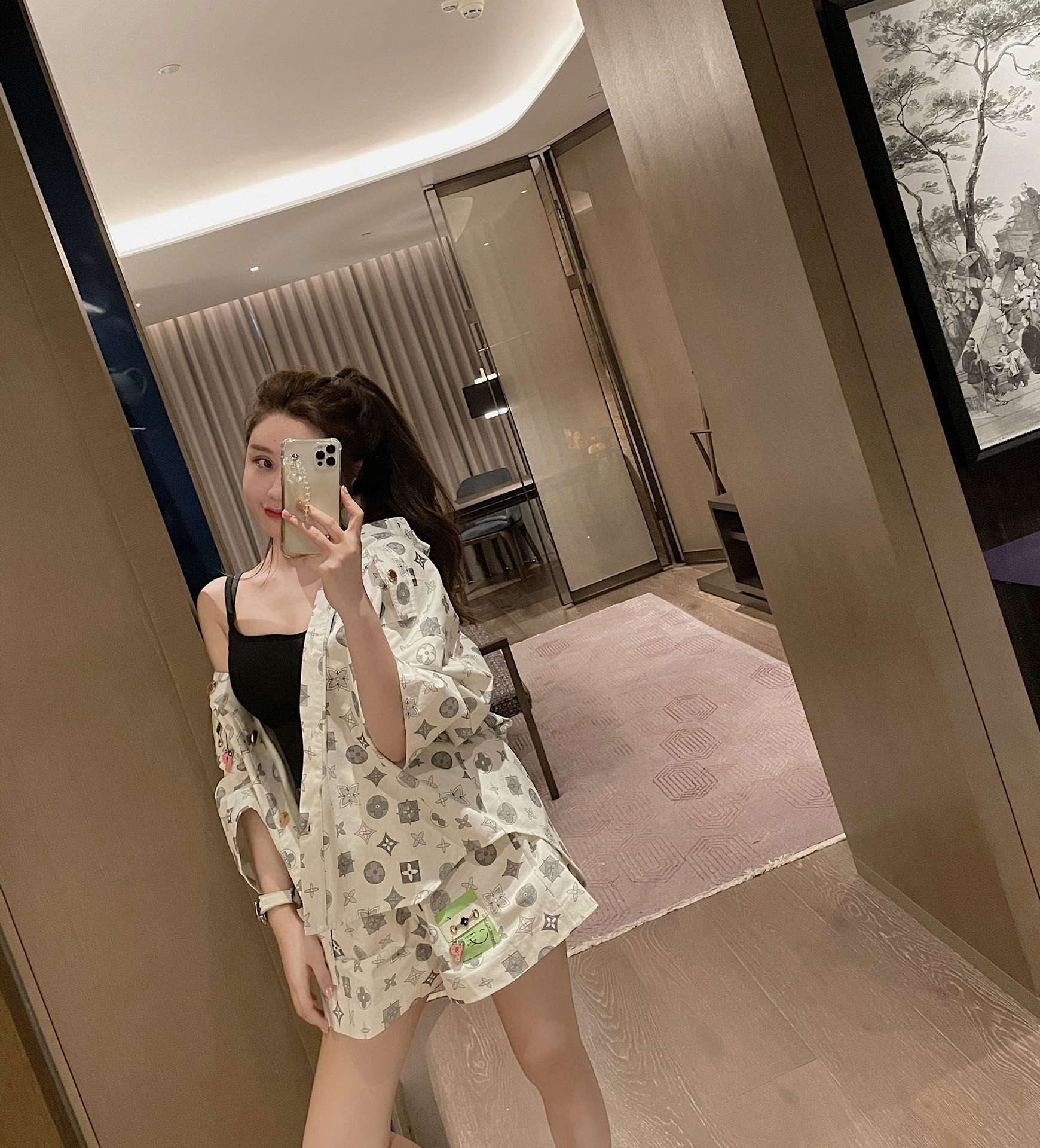 LV花色上衣短裤二件套套装白色粉色M