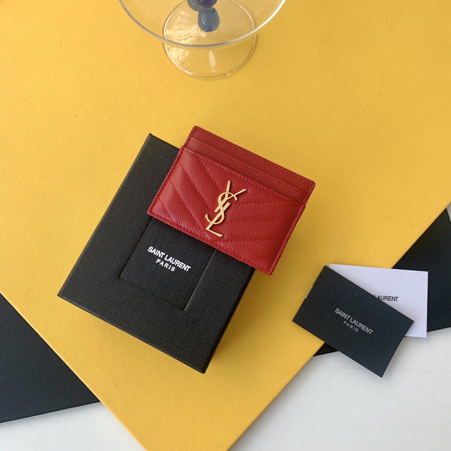 YSL Card Holder Metal Interlocking Jacquard Quilted Stitching Gold Hardware 5 Card Slots