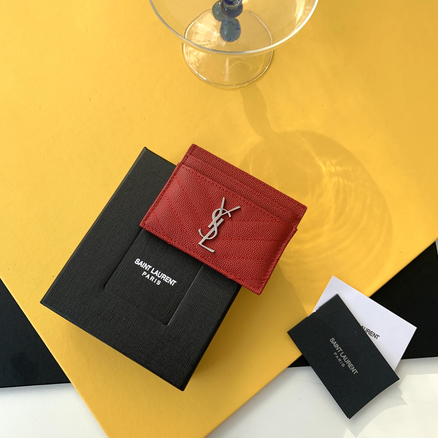 YSL Card Holder Metal Interlocking Jacquard Quilted Stitching Gold Hardware 5 Card Slots