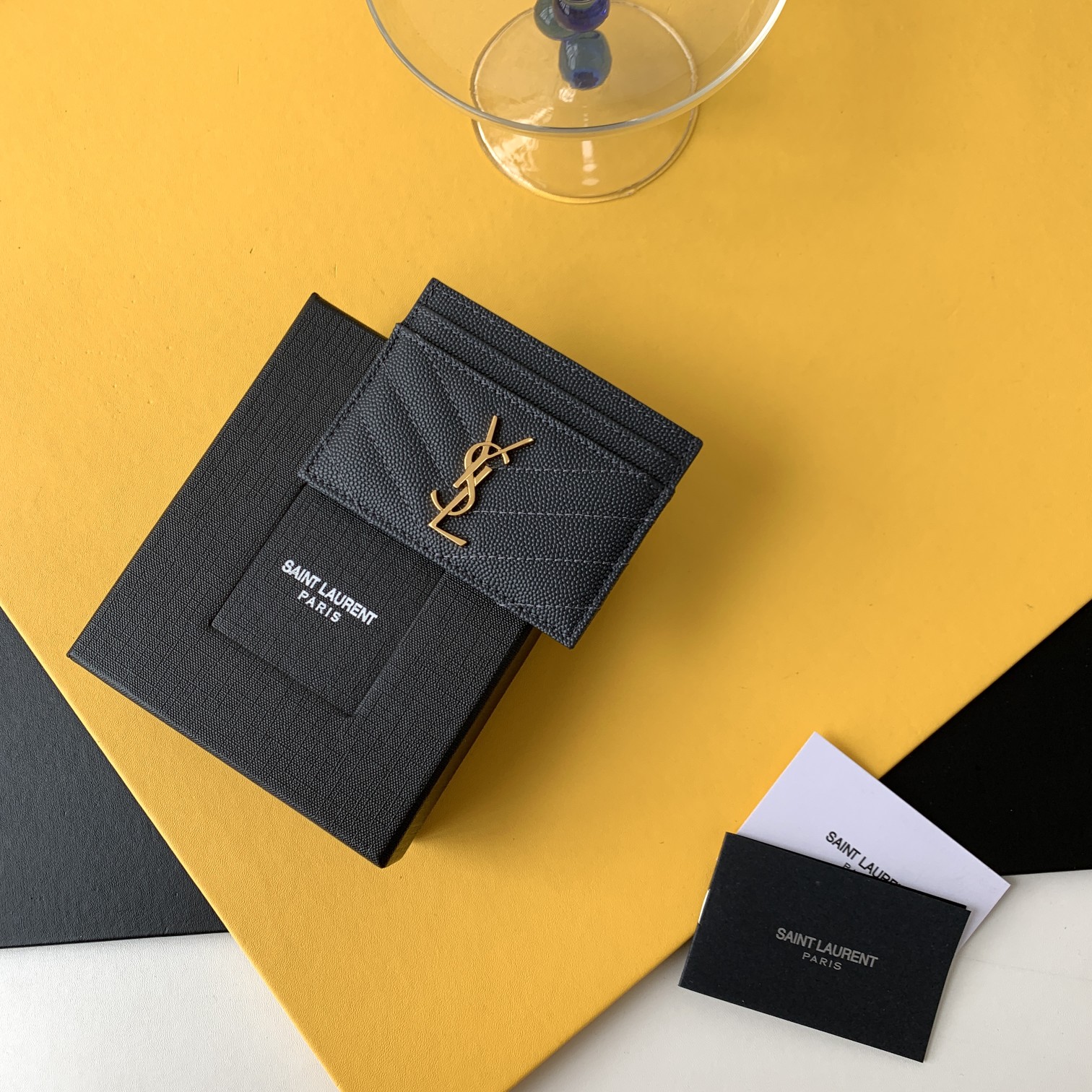 YSL Card Holder Metal Interlocking Jacquard Quilted Stitching Gold Hardware 5 Card Slots