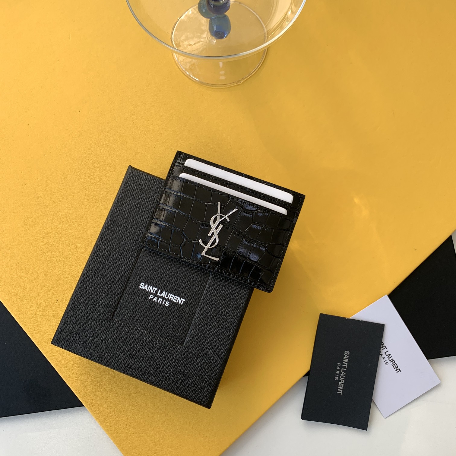 YSL Crocodile Embossed Card Holder Metal Interlocking Jacquard Quilted Stitching 5 Card Slots