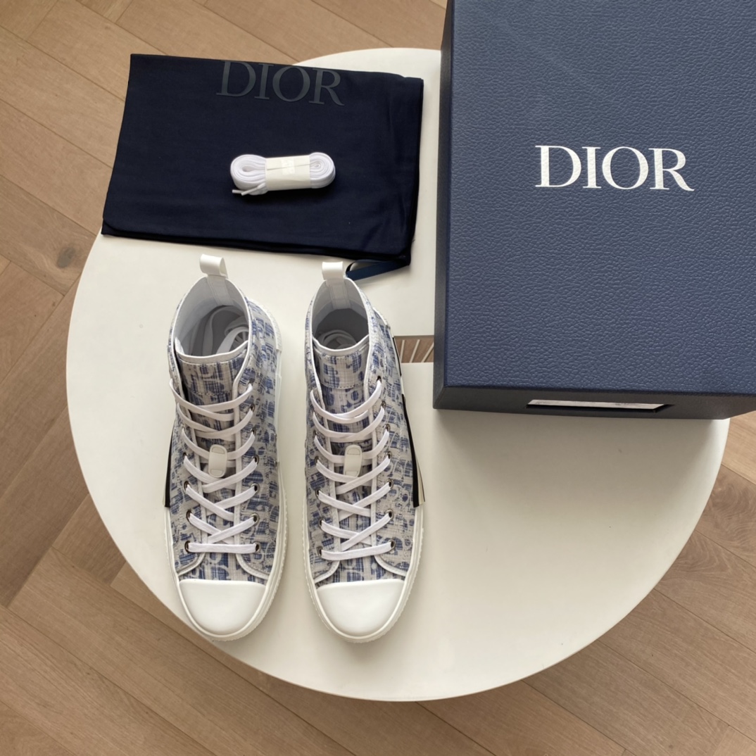 Dior Chaussures De Sport Bleu Blanc Imprimé Cuir de vache Caoutchouc Oblique Hauts hauts