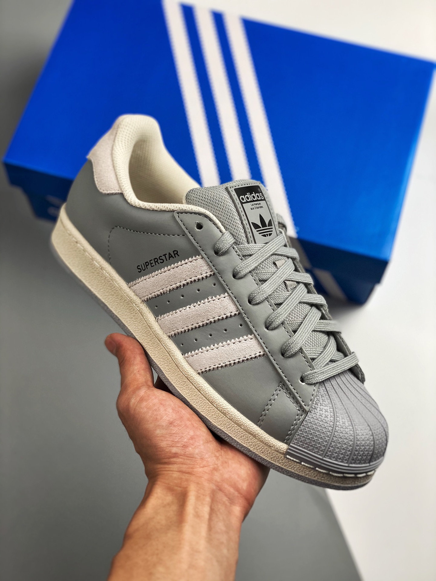 AD Superstar gris, blanco y beige, zapatillas de skate clásicas con puntera de concha, nuevo color con planti…