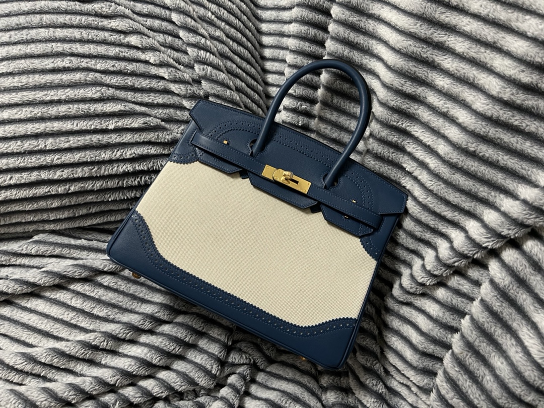 Hermès Ghillies Birkin 30 Bag Blue Canvas Leather Gold Hardware, Light & Stylish 1 i1621321709 4037 0