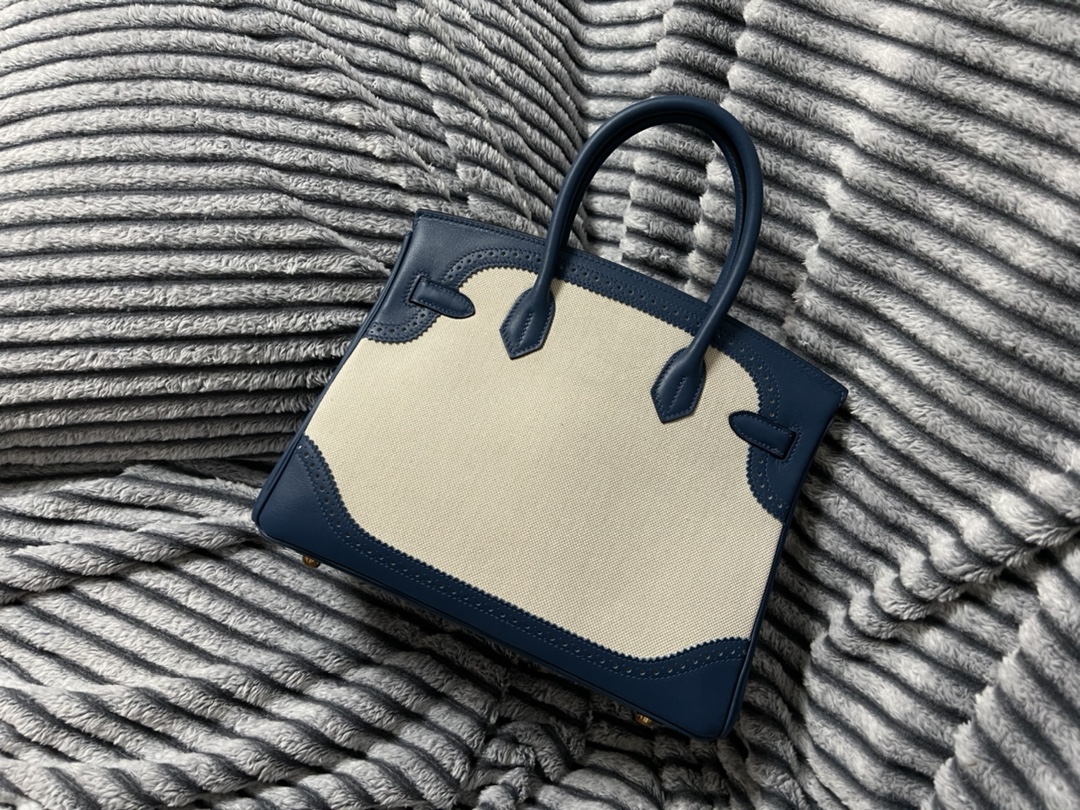 Hermès Ghillies Birkin 30 Bag Blue Canvas Leather Gold Hardware, Light & Stylish 2 i1621321709 7393 1
