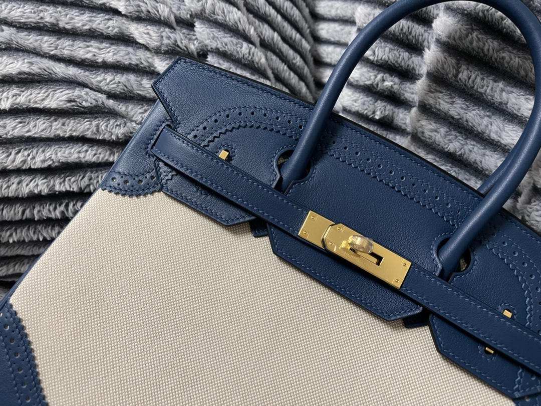 Hermès Ghillies Birkin 30 Bag Blue Canvas Leather Gold Hardware, Light & Stylish 3 i1621321709 7428 2