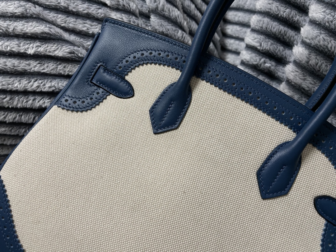 Hermès Ghillies Birkin 30 Bag Blue Canvas Leather Gold Hardware, Light & Stylish 5 i1621321709 9758 4