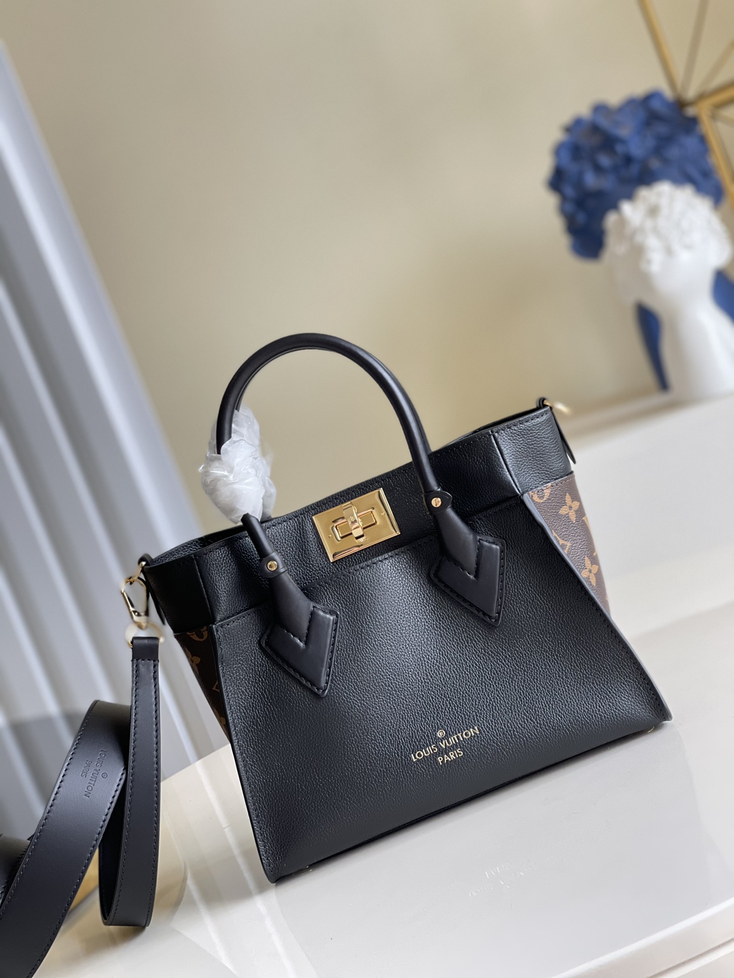 Louis Vuitton LV On My Side Bags Handbags Black Monogram Canvas Calfskin Cowhide M57728