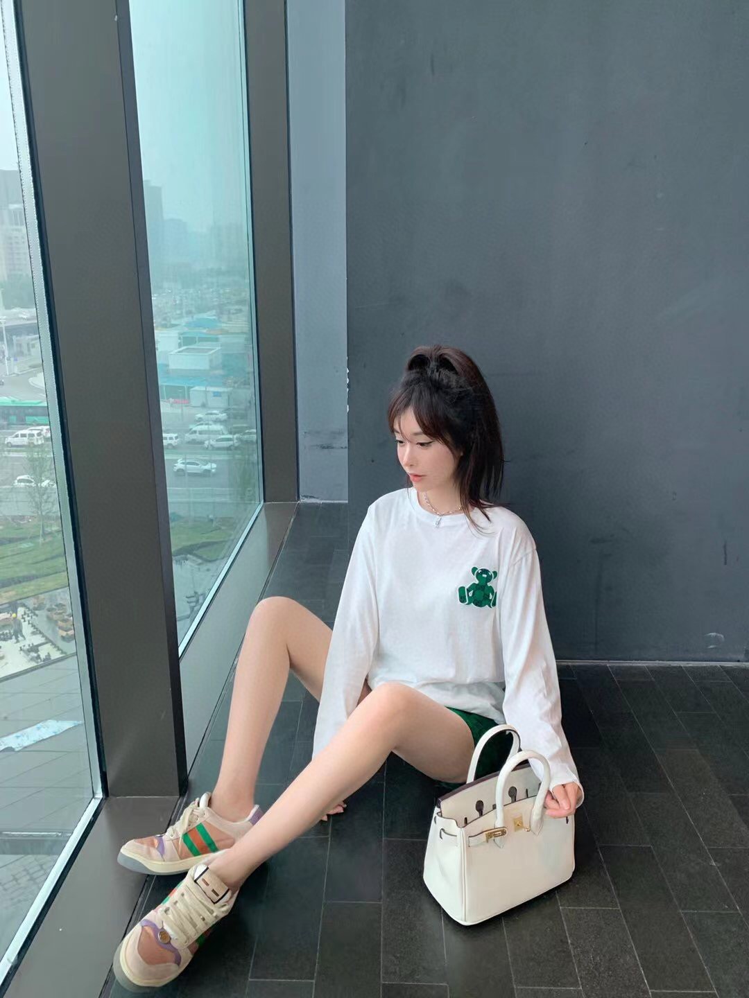 Gucci小熊防晒长袖短裤套装卡其色