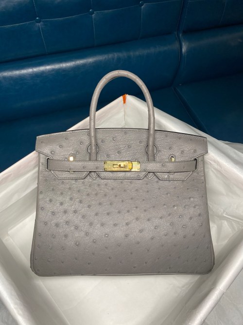 Elegant Ostrich Leather Birkin 30 Handbag - Iron Grey, Premium Quality