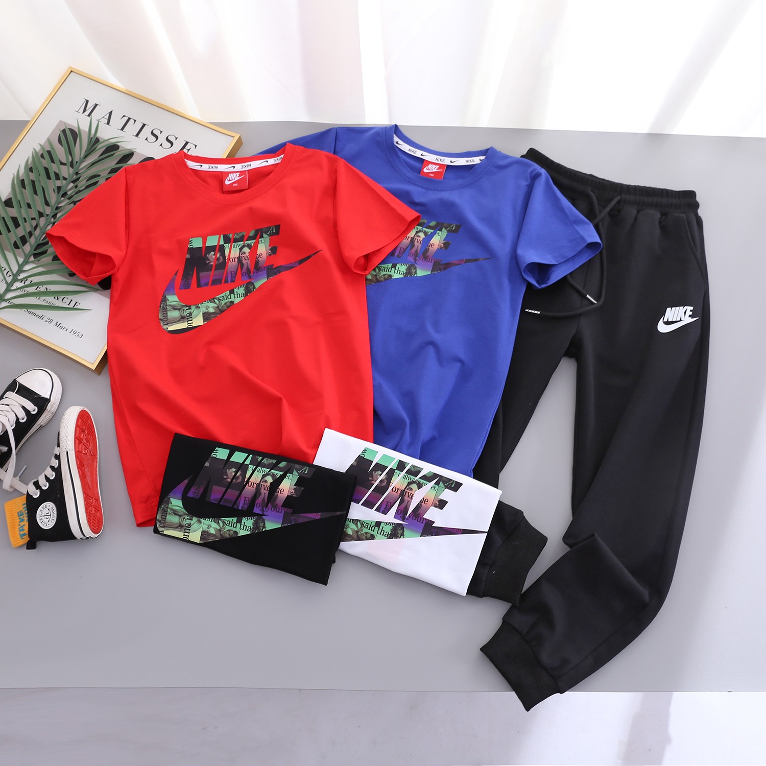 Nike Clothing Pants & Trousers T-Shirt Two Piece Outfits & Matching Sets Black Blue Green Purple Red White Printing Kids Unisex Cotton Spring/Summer Collection Short Sleeve
