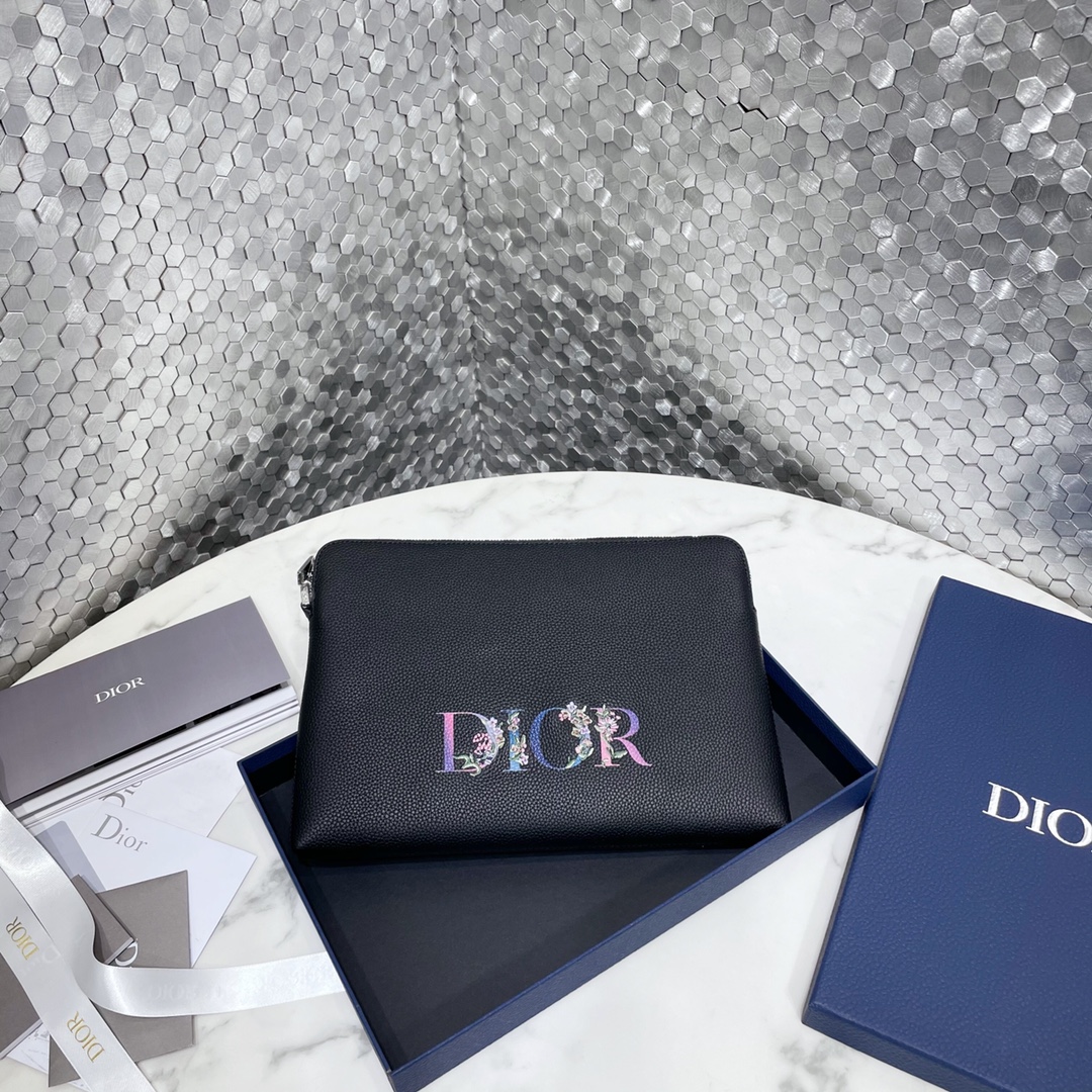 Dior Clutches & Pouch Bags Black Yellow Embroidery Cowhide