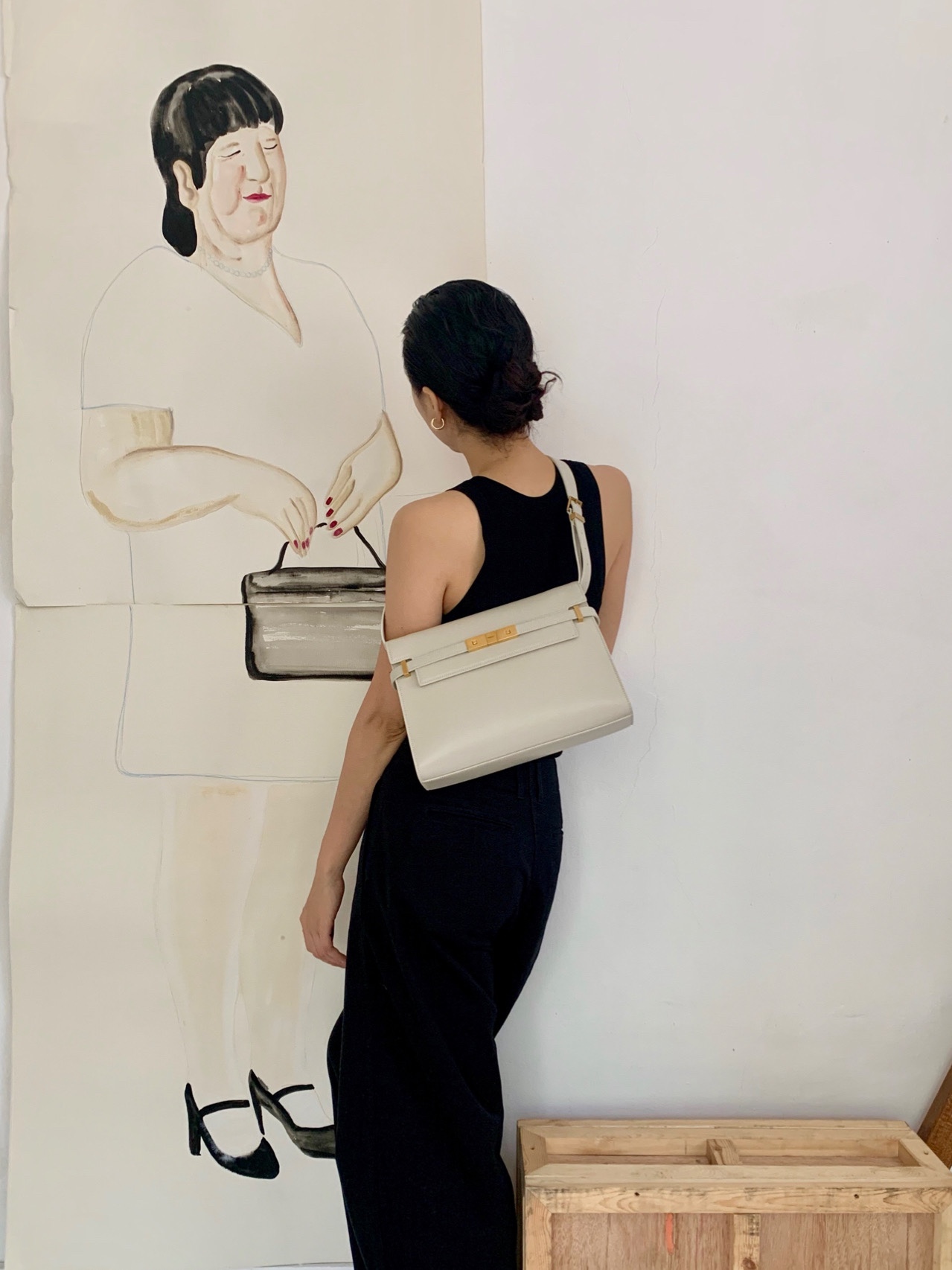 Ysl 𝑴𝒂𝒏𝒉𝒂𝒕𝒕𝒂𝒏 29CM曼哈顿法棍包 579271白色牙签纹金扣