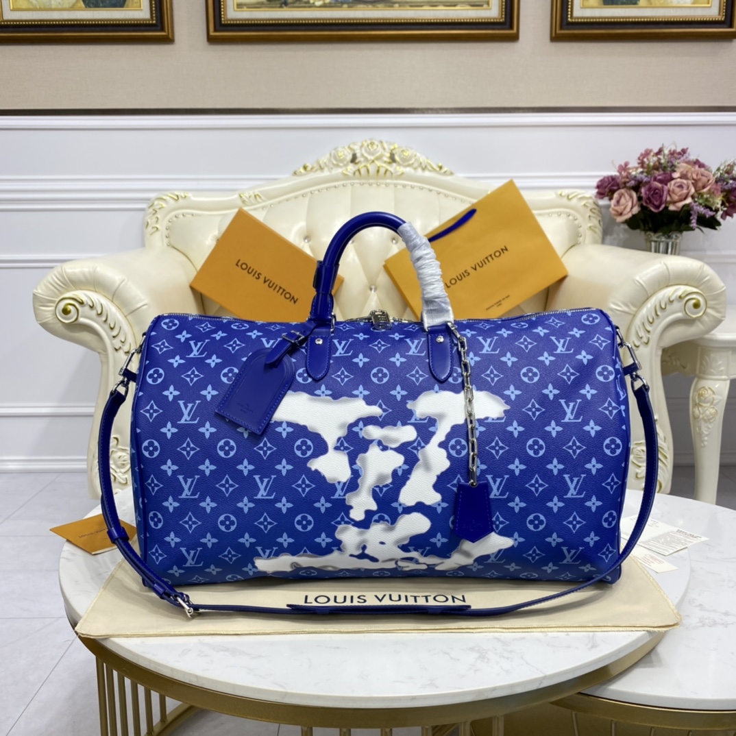2023 AAA Replica Customize
 Louis Vuitton LV Keepall Travel Bags Blue White Monogram Canvas M86988