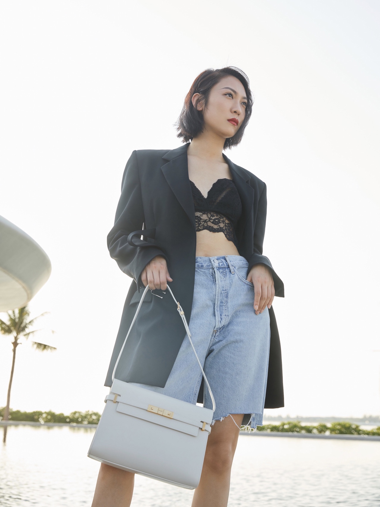 Ysl 𝑴𝒂𝒏𝒉𝒂𝒕𝒕𝒂𝒏 29CM曼哈顿法棍包 579271白色牙签纹金扣